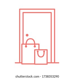 shopping bags in front of door line style icon design, Delivery logistics transportation and shipping theme Vector illustration