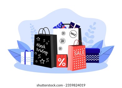 Shopping bags full of discounted items vector illustration. Gift boxes and packages with purchases, discount and special offer tags. Black Friday, shopping, business concept