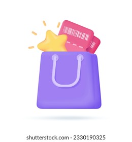 Shopping bags full of vouchers to offer customers special discounts. 3d illustration.