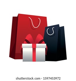 shopping bags and gift box over white background, colorful design, vector illustration