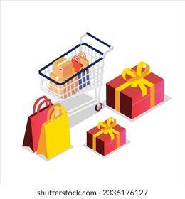 Shopping bags with gift boxes and shopping cart, isometric illustration