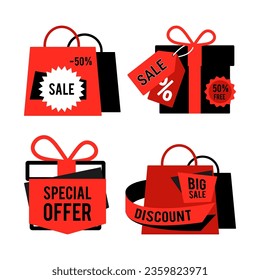 Shopping bags and gift boxes vector illustrations set. Purchases in black and red packages with sale labels, discount and special offer tags. Black Friday, shopping, business concept