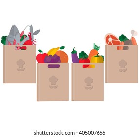 Shopping bags from the grocery store. Seafood, meat, fruit and vegetables. Useful, healthy food. The concept of buying food. A variety of shopping, diet
