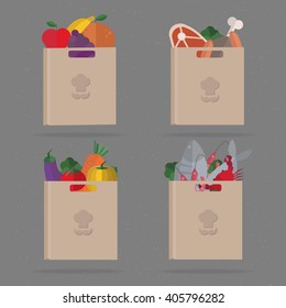 Shopping bags from the grocery store. Seafood, meat, fruit and vegetables. Useful, healthy food. The concept of buying food. A variety of shopping, diet