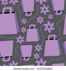 Shopping bags groovy pattern. lilac color. Cute retro shoppers with various prints and flowers.