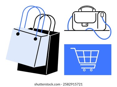 Shopping bags, handbag, and shopping cart icon, representing retail. Ideal for online shopping, retail advertising, e-commerce websites, shopping apps, marketing materials, promo banners, business