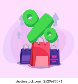 Bolsas de compras y un enorme porcentaje de Ilustración vectorial de signos. Siluetas de flechas sobre fondo abstracto. Venta, compras, oferta especial, concepto de descuento. Puede ser utilizado para el diseño del cartel o del Anuncio