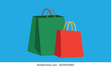 Icône Sachets - Sachets de détail colorés verts, rouges et bleus sur fond bleu pour le commerce électronique, les ventes et les thèmes de vente au détail