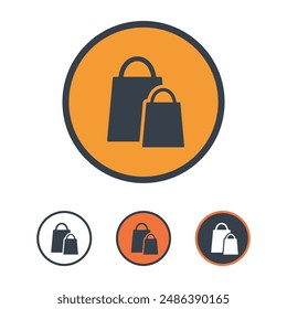 Shopping bags icon set collection in varied sizes, for retail and consumer themes, in a minimalist orange and grey palette.