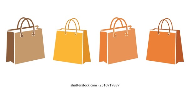 Conjunto de iconos de bolsas de compras, icono de bolsas de papel de color, Vector, silueta. Diseño del paquete, bolso del supermercado, símbolo de la tienda en línea, bolso de papel de la mano, ilustración del bolso del regalo. Ilustración vectorial.