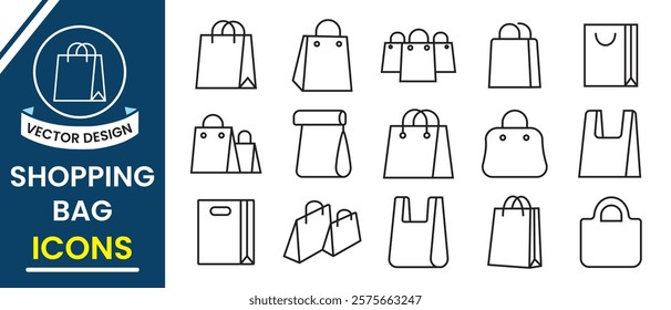 Shopping bags icon, vector set. Paper bags line icon, vector, silhouette. Package design, Grocery bag, Online Shop Symbol, Paper hand bag, gift bag illustration. Vector illustration.