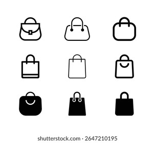 Shopping Bags icon vector set in black flat and line stroke style