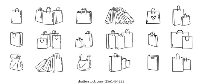 Shopping bags icons doodle hand drawn set. Paper shopping bags drawing line outline vector black Set . Vector illustration