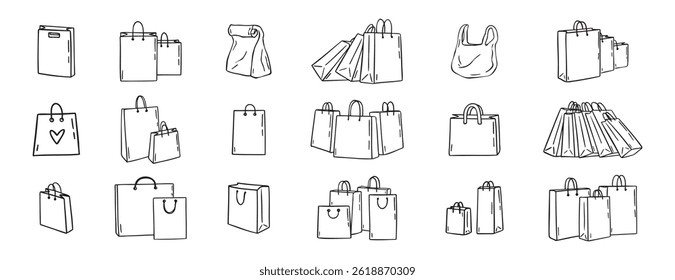 Sacos de compras ícones rabiscar conjunto desenhado à mão. Sacos de compras de papel desenho linha de contorno vetor preto conjunto . Ilustração vetorial