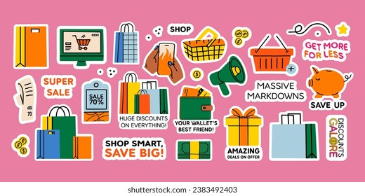 Shopping bags, lettering, stickers on the theme: discount, sale, black Friday, marketing, purchasing, shopping center concept. Hand drawn colorful isolated vector illustration.