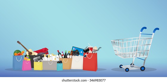 Shopping bags with many item inside with shopping cart