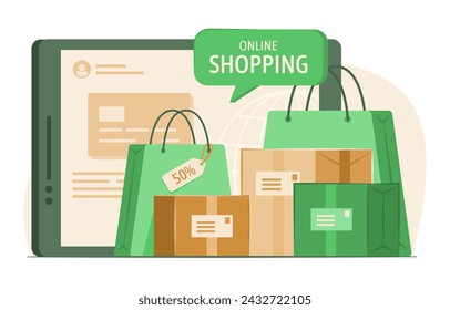 Einkaufstaschen und Merchandise Boxen mit Tablet für Online-Shopping und E-Commerce Concept Illustration