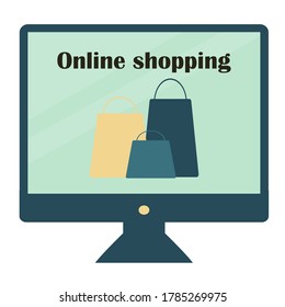 Shopping bags on computer screen with online shopping lettering. Three different bags on blue pc screen.