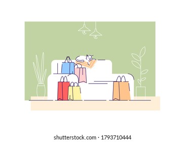 Shopping bags on couch semi flat vector illustration. Living room with sofa and store packages 2D cartoon interior for commercial use. Shopaholics home, shopping addiction, consumerism