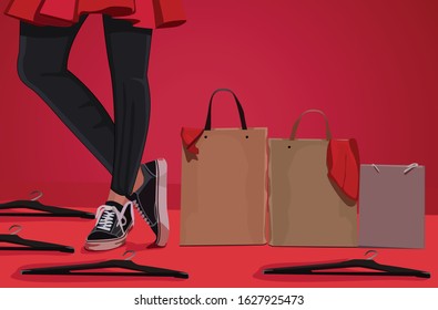 Shopping bags on the floor next to the woman