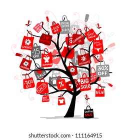 Shopping bags on tree for your design, big sale concept