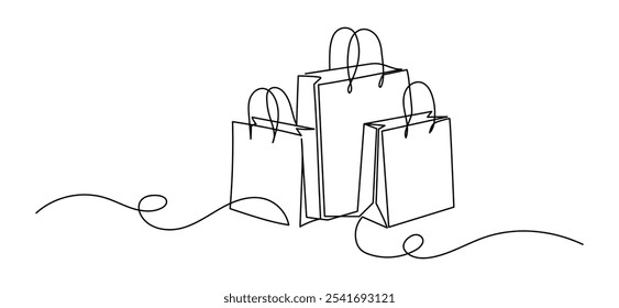 Shopping bags in one continuous line drawing. Black Friday symbol in simple linear style. Editable stroke. Doodle outline vector illustration