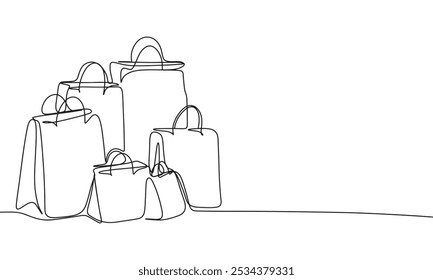 Einkaufstaschen eine Linie durchgehend. Shopping Concept Line Art. Handgezeichnete Vektorgrafik.