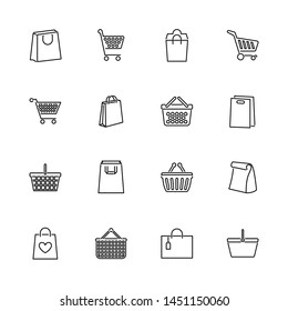 Shopping Bags, Package outline icons set - Black symbol on white background. Shopping Bags, Package Simple Illustration Symbol - lined simplicity Sign. Flat Vector thin line Icon - editable stroke