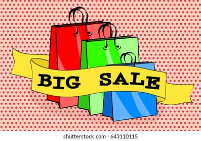 Shopping bags packages and words big sale on pink dot background, pop art retro comic style vector. Black Friday and holiday sales design