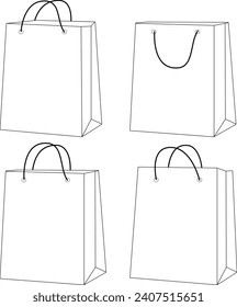 Shopping bags. Paper bags for products. Supermarket bags. Vector black and white coloring page.