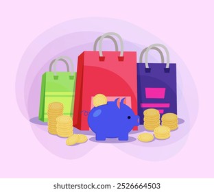 Shopping bags and piggy bank with gold coins vector illustration on abstract background. Shopping, finance, sale, banking, savings, advertising concept. Can be used for poster or banner design