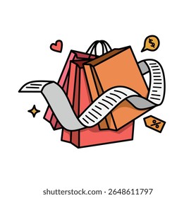 Shopping bags with receipt and discount icons in colorful outline style, perfect for e-commerce or retail themes