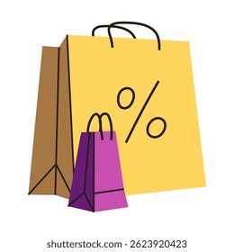 Shopping bags with sale and promotion elements. Bright clip art
