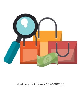 Shopping bags search ecommerce with magnifying glass and money vector illustration graphic design