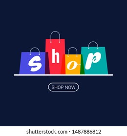 Shopping bags with shop inscription. Online shopping logo. Buy now button. Vector illustration on dark background.