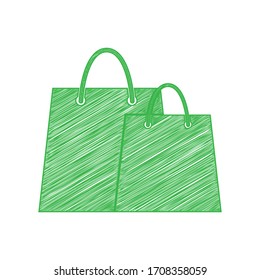 Shopping bags sign. Green scribble Icon with solid contour on white background. Illustration.