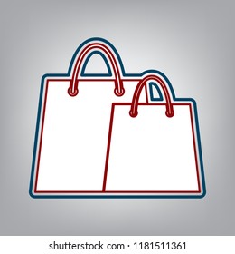 Shopping bags sign. Vector. Dark red, transparent and midnight green stroke of white icon at grayish background.