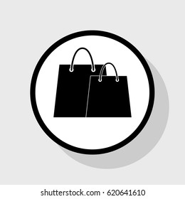 Shopping bags sign. Vector. Flat black icon in white circle with shadow at gray background.