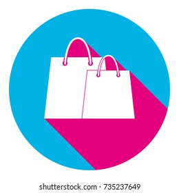 Shopping bags sign. Vector. Flat white icon with mexican pink shadow inside sky blue(S and G) circle at white background. Isolated. Trend colors in 2017.
