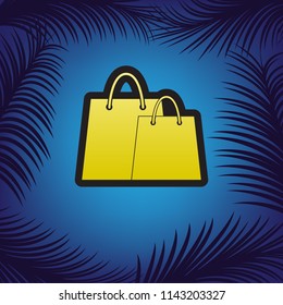 Shopping bags sign. Vector. Golden icon with black contour at blue background with branches of palm trees.