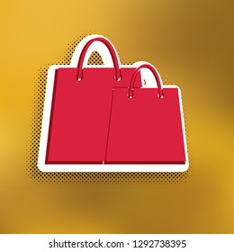 Shopping bags sign. Vector. Magenta icon with darker shadow, white sticker and black popart shadow on golden background.
