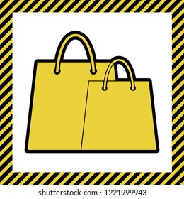 Shopping bags sign. Vector. Warm yellow icon with black contour in frame named as under construction at white background. Isolated.