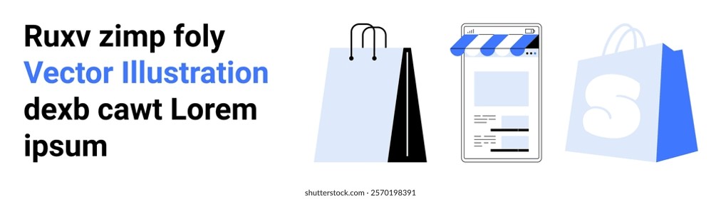 Shopping bags, smartphone with storefront, and abstract text. Ideal for e-commerce, online shopping, digital marketing, retail, mobile commerce. Landing page