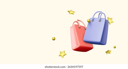 Shopping Bags with Stars and 3D Decorative Elements on Light Background. Trendy and Colorful Design for E-Commerce, Marketing, and Celebration Themes. Vector Illustration