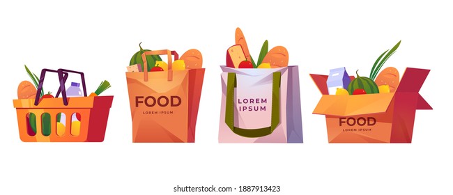Shopping bags, supermarket basket and box with grocery. Vector cartoon set of paper and cotton bags with fruits, vegetables, milk and bread. Delivery products from market in reusable eco package