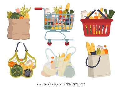 Einkaufstaschen, Supermarkt-Korb-Set-Konzept ohne Menschen Szene in der flachen Cartoon-Design. Bild von Einkaufswagen und Einkaufstaschen mit Essen. Vektorgrafik.