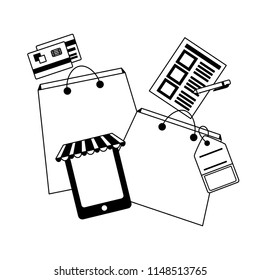 shopping bags with tablet device and objects