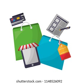 shopping bags with tablet device and objects