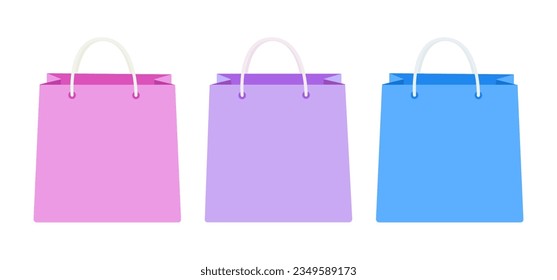 Shopping bags template. Multicolored packages with place for text. Pink, purple, blue colors. Sale concept. Design elements for promotion flyers, web banners. Flat vector illustration. 