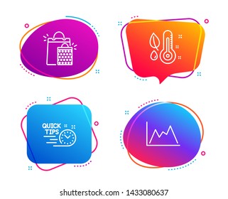 Shopping bags, Thermometer and Quick tips icons simple set. Diagram sign. Sale marketing, Grow plant, Helpful tricks. Growth graph. Business set. Speech bubble shopping bags icon. Vector